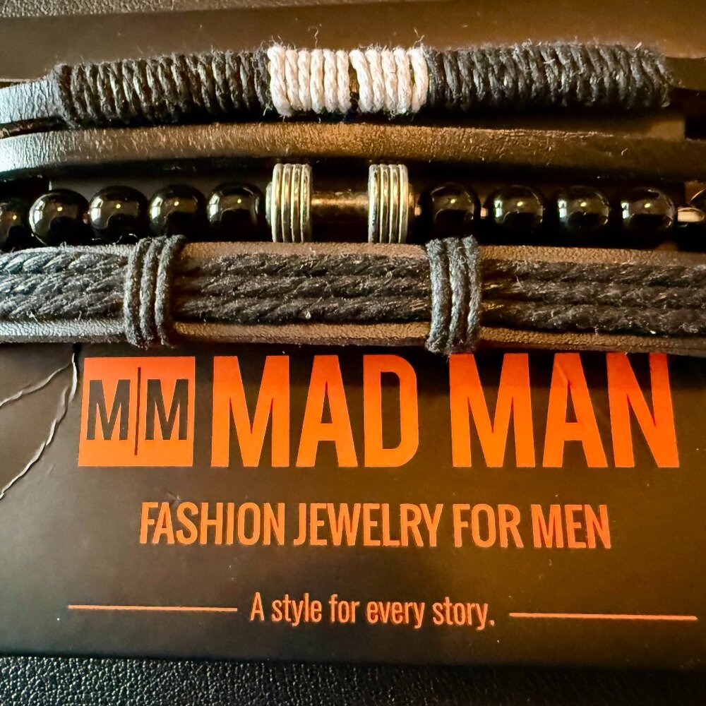 Mad Man Mens Barbell Black Bracelet / White Bracelet Alloy / Leather Bracelet